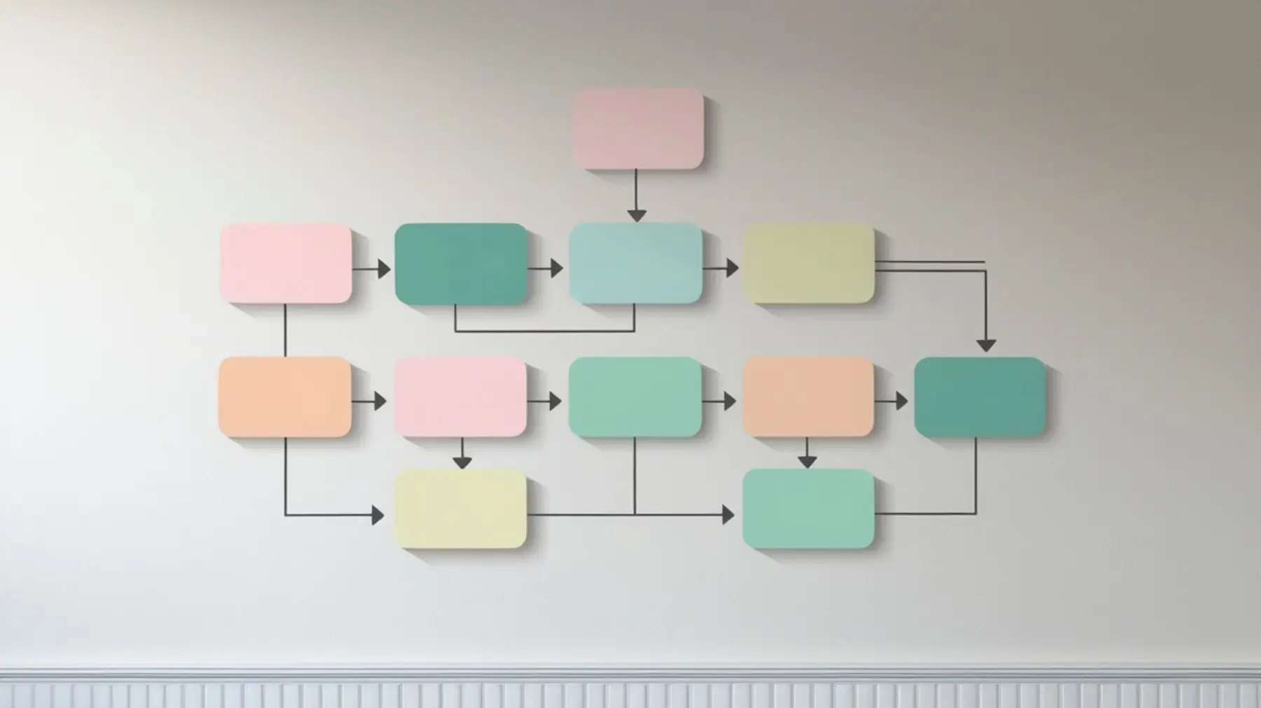 Organigramm aus farbigen Karten an einer Wand